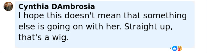 Comment from Cynthia DAmbrosia questioning if Kate Middleton’s blonde hair is a wig amid trolls mocking her look. Comment from Cynthia DAmbrosia questioning if Kate Middleton’s blonde hair is a wig amid trolls mocking her look.