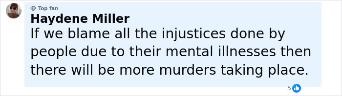 Comment from social media user Haydene Miller discussing mental illness and its relation to murders in a blue highlighted box.