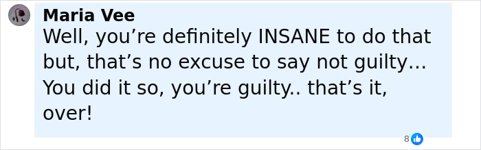 Comment by Maria Vee expressing outrage and calling out guilt after unhinged Amish mom&rsquo;s chilling confession goes viral.