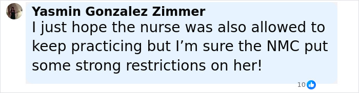 Comment from Yasmin Gonzalez Zimmer expressing concern about nurse's ability to keep practicing amid strong restrictions.