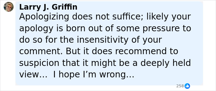 Comment by Larry J. Griffin criticizing an apology amid a discussion on Ukrainian refugee attack on live TV. Comment by Larry J. Griffin criticizing an apology amid a discussion on Ukrainian refugee attack on live TV.