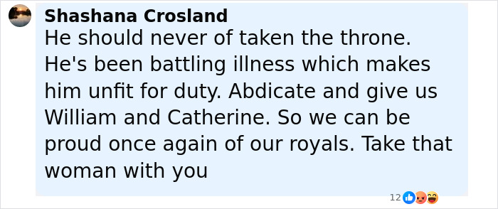 Comment expressing opinion on King Charles battling illness and unfitness for duty related to incurable cancer update.