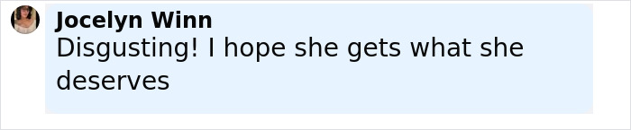 Comment by Jocelyn Winn expressing disgust and hoping she gets what she deserves regarding legal family dispute.