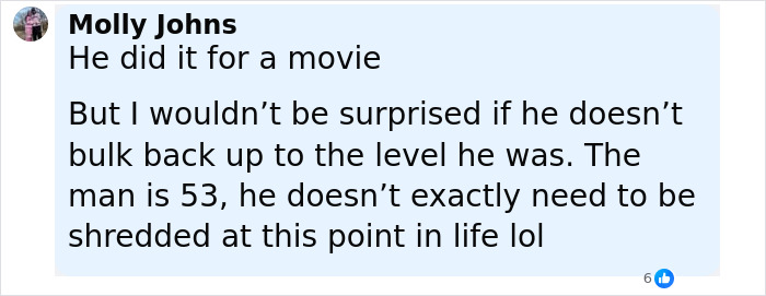 Fan comment discussing Dwayne Johnson&rsquo;s new slim look for a movie and health concerns at age 53.