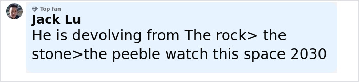 Comment by top fan Jack Lu expressing concern about Dwayne Johnson's changing appearance and health in an online discussion.