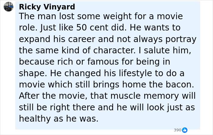 Comment from Ricky Vinyard defending Dwayne Johnson&rsquo;s slim look, praising his healthy lifestyle and career choices.