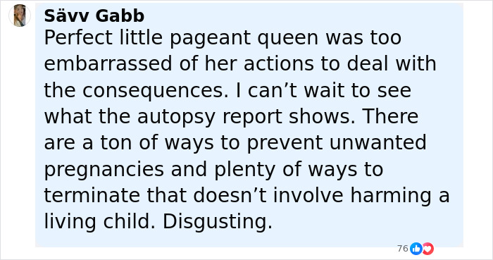 Comment by S&auml;vv Gabb expressing disgust over a cheerleader arrested for allegedly hiding newborn&rsquo;s body in closet.
