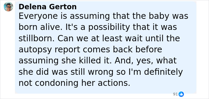 Comment by Delena Gerton discussing assumptions about a cheerleader arrested for hiding her newborn's body.