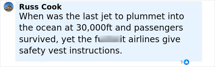 Comment by Russ Cook questioning airline safety vest instructions amid chilling plane crash simulation revealing emergency mistakes. Comment by Russ Cook questioning airline safety vest instructions amid chilling plane crash simulation revealing emergency mistakes.