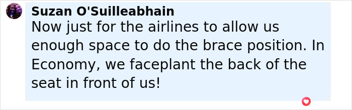 Comment highlighting challenges of plane crash simulation, focusing on emergency brace position space in economy seating. Comment highlighting challenges of plane crash simulation, focusing on emergency brace position space in economy seating.