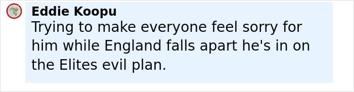 Comment by Eddie Koopu expressing skepticism about King Charles' cancer update amidst concerns about England's situation.