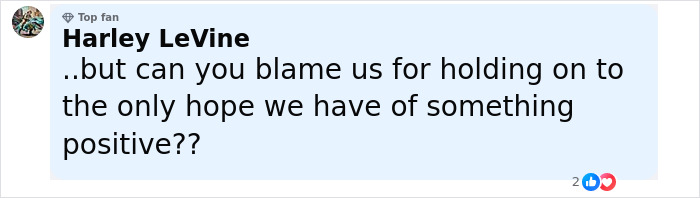 Comment from Harley LeVine discussing hope and positivity in response to Keanu Reeves' girlfriend marriage rumors.