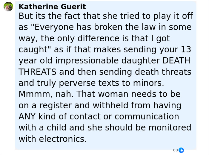 Comment criticizing a mother for sending death threats and perverse texts to her daughter, urging monitoring and restriction.