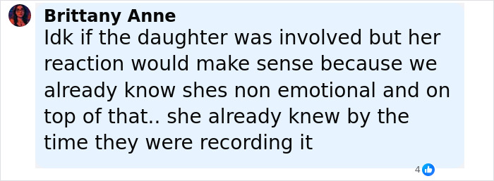 Screenshot of comment by Brittany Anne discussing possible daughter&rsquo;s reaction and emotional state in the context of alleged secret torment.