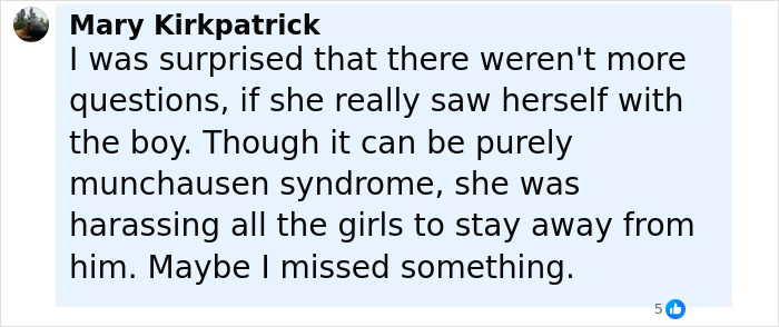 Comment discussing possible Munchausen syndrome and harassment related to mom secretly tormenting daughter for over a year.