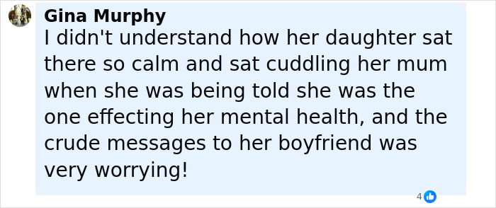 Screenshot of a social media comment discussing a mom secretly tormenting her daughter affecting mental health.