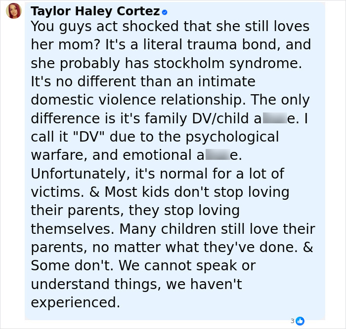 Text post by Taylor Haley Cortez explaining trauma bond and Stockholm syndrome in children secretly tormented by mom over time.