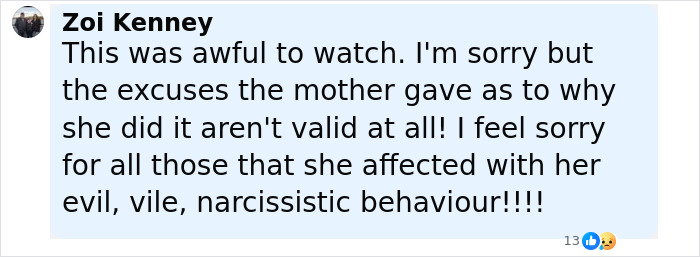 Comment on social media expressing sorrow over mother's narcissistic behavior secretly tormenting daughter for over a year.