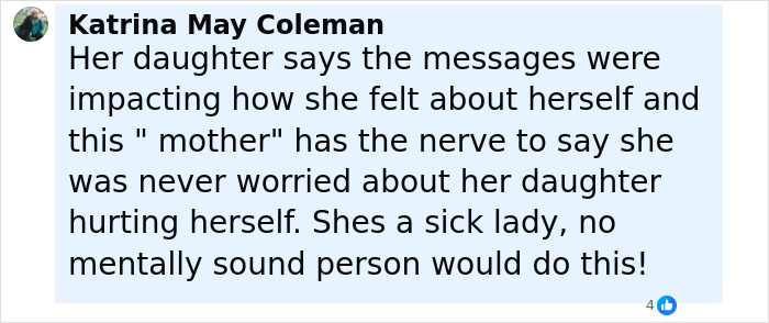 Comment from Katrina May Coleman describing how a mother secretly tormented her daughter with harmful messages.