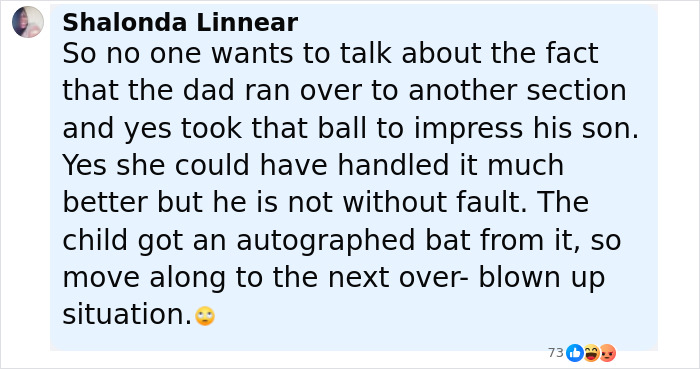 Comment from Shalonda Linnear discussing dad's confrontation with viral Phillies Karen over MLB ball incident.
