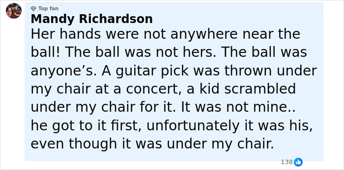 Comment from Mandy Richardson defending ball ownership in Phillies Karen vulgar confrontation over MLB ball.
