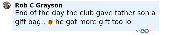 Social media comment from Rob C Grayson about a father and son receiving a gift bag after a vulgar confrontation with Phillies Karen.