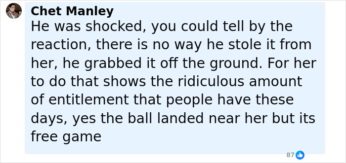 Comment from Chet Manley explaining the Phillies Karen confrontation over the MLB ball and entitlement issues.