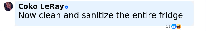 Text message from Coko LeRay advising to clean and sanitize the entire fridge after woman rescues a frog inside it. Text message from Coko LeRay advising to clean and sanitize the entire fridge after woman rescues a frog inside it.