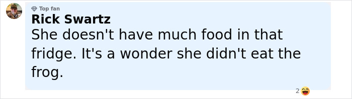 Screenshot of a social media comment discussing a woman rescuing a frog from her fridge, highlighting her kindness. Screenshot of a social media comment discussing a woman rescuing a frog from her fridge, highlighting her kindness.