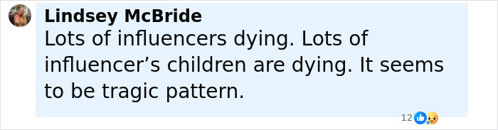 Comment from Lindsey McBride expressing concern over tragic pattern of influencers and their children dying, referencing a tragic accident.