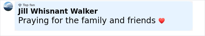 Comment from Jill Whisnant Walker saying Praying for the family and friends with a red heart emoji regarding tragic accident claims Disney influencer's children.