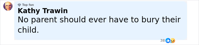 Comment from a user Kathy Trawin expressing grief over losing a child related to a tragic accident involving a Disney influencer.