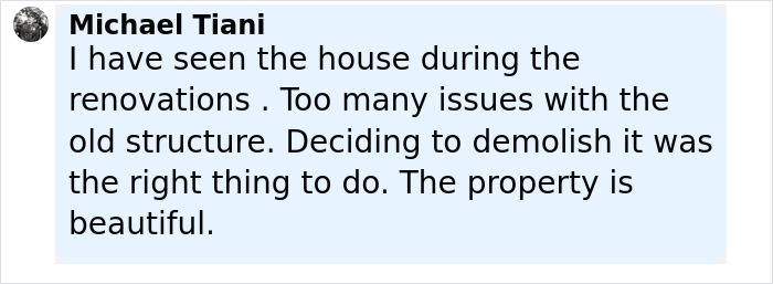 Comment from Michael Tiani about Richard Gere&rsquo;s multimillion-dollar home demolition due to structural issues and renovations.