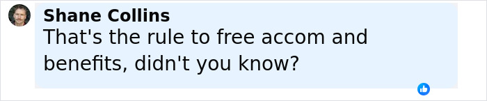 Comment by Shane Collins questioning rules for free accommodation and benefits in a social media post. Comment by Shane Collins questioning rules for free accommodation and benefits in a social media post.