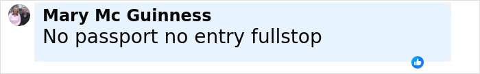Comment from Mary Mc Guinness stating no passport no entry in a social media post about passengers eating passports and causing mayhem during flight. Comment from Mary Mc Guinness stating no passport no entry in a social media post about passengers eating passports and causing mayhem during flight.
