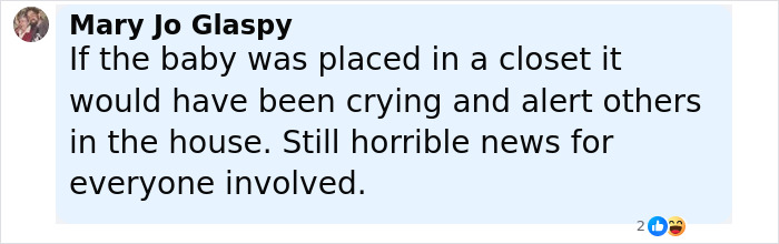Comment on social media discussing a baby hidden in a closet and reactions to the tragic motherhood story.