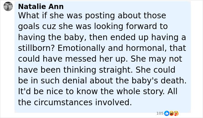 Comment on social media post discussing motherhood and emotional struggles after a stillborn baby by a 21-year-old woman.