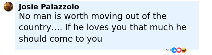 Comment by Josie Palazzolo expressing views on relationships and love in an online discussion about American Nightmare case