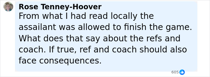 Facebook comment by Rose Tenney-Hoover expressing concern over the football player's action and referee consequences after spine injury.