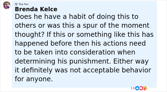 Comment from Brenda Kelce discussing the school's strong and decisive action against football player who fractured rival&rsquo;s spine.
