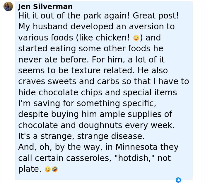 Comment from Jen Silverman describing her husband's food aversions and cravings related to dementia symptoms.