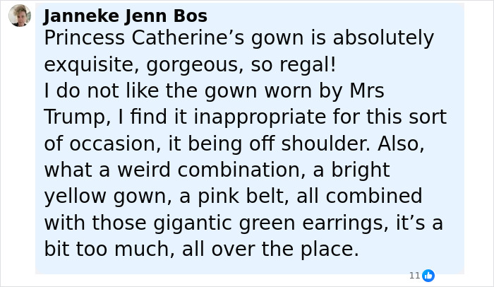 Comment discussing Princess Catherine’s gown and the Trump relative’s inappropriate attire at a state banquet. Comment discussing Princess Catherine’s gown and the Trump relative’s inappropriate attire at a state banquet.