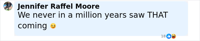 Comment by Jennifer Raffel Moore expressing surprise with a winking emoji on a social media post about Coldplay kiss cam scandal and Kristin Cabot divorce