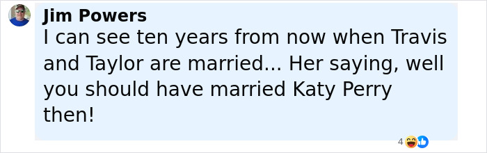 Comment from Jim Powers speculating about Travis Kelce and Taylor Swift&rsquo;s marriage in a &lsquo;Kiss, Marry, Kill&rsquo; video discussion.