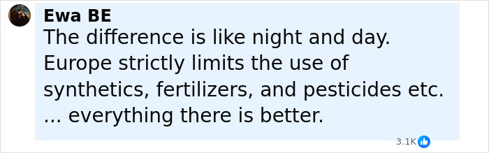 Comment discussing Europe's strict limits on synthetics and pesticides contrasted with other regions, mentioning gel nail polish ban. Comment discussing Europe's strict limits on synthetics and pesticides contrasted with other regions, mentioning gel nail polish ban.
