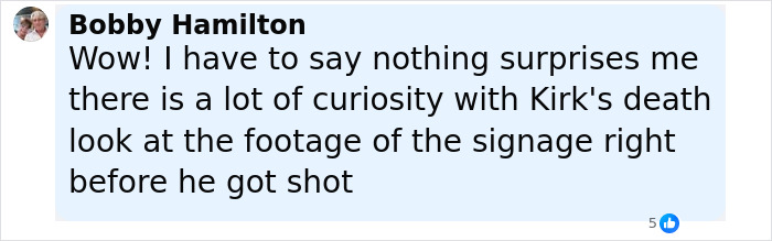 Comment by Bobby Hamilton expressing curiosity about Erika Kirk&rsquo;s past connection to Donald Trump and related footage.