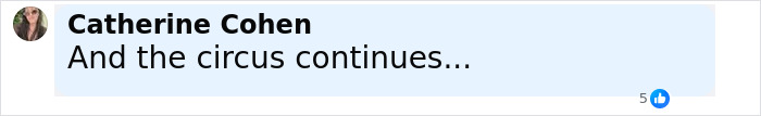 Comment by Catherine Cohen saying and the circus continues, related to people unearthing Erika Kirk&rsquo;s past connection to Donald Trump.
