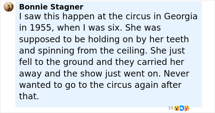 Comment describing a circus tragedy where a trapeze artist lost life during a stunt, shocking the audience.