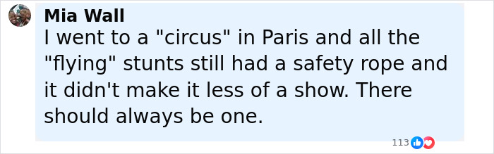 Comment by Mia Wall discussing safety ropes during flying stunts at a Paris circus, related to trapeze artist accident.