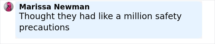 Comment by Marissa Newman expressing disbelief about safety precautions in a trapeze artist incident during circus stunt.